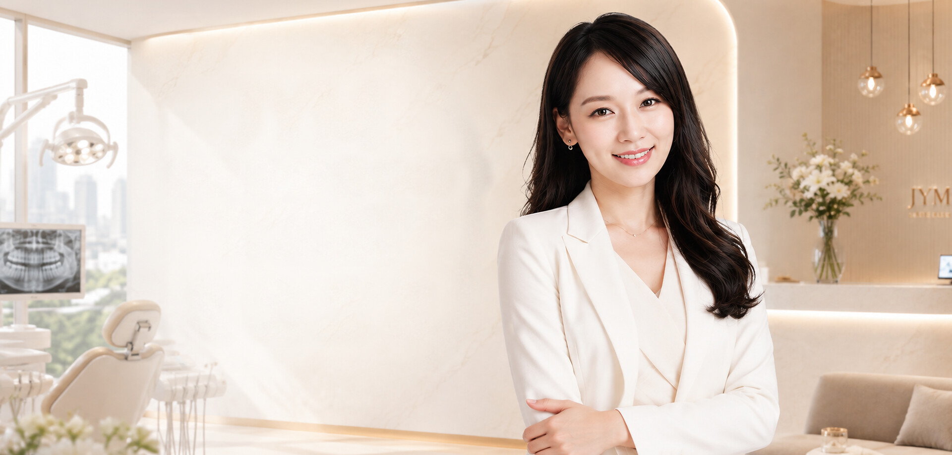 君漾美牙醫診所品牌主視覺：明亮的診療空間與接待區